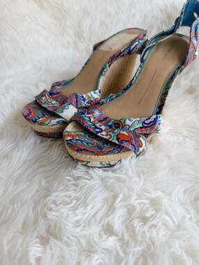 Gianni Bini Blue Multi-Colored Paisley Print Ankle Strap Wedge Sandals